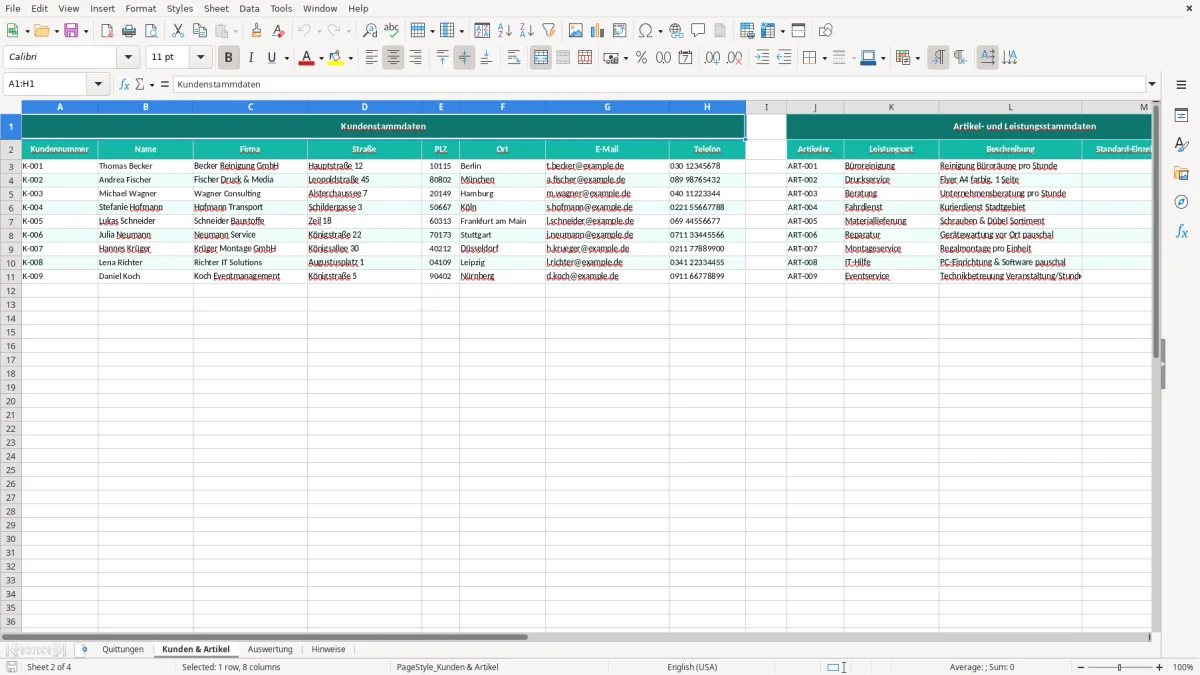 Captura de tela 2: Aba Kunden & Artikel - Planilha Excel Quittung erstellen Excel Vorlage