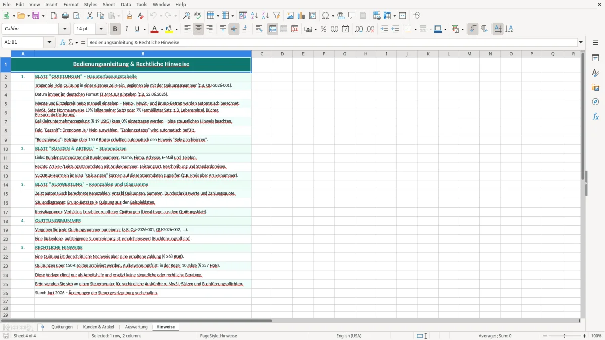 Captura de tela 4: Aba Hinweise - Planilha Excel Quittung erstellen Excel Vorlage