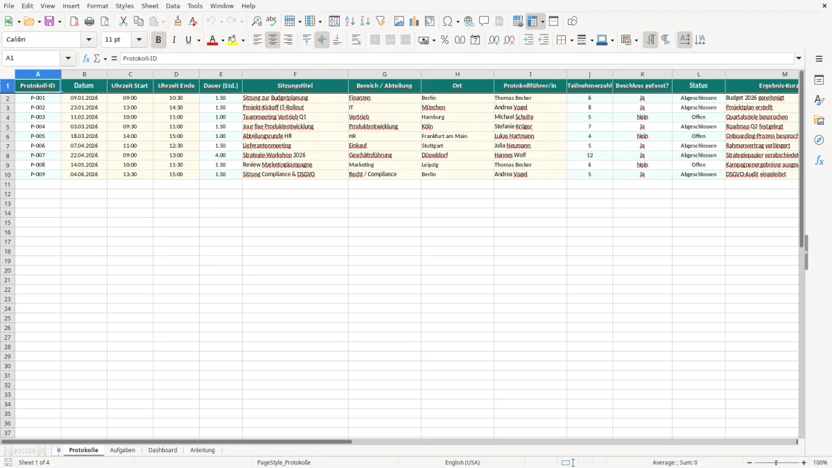 Captura de tela 1: Aba Protokolle - Planilha Excel Sitzungsprotokoll Vorlage Excel