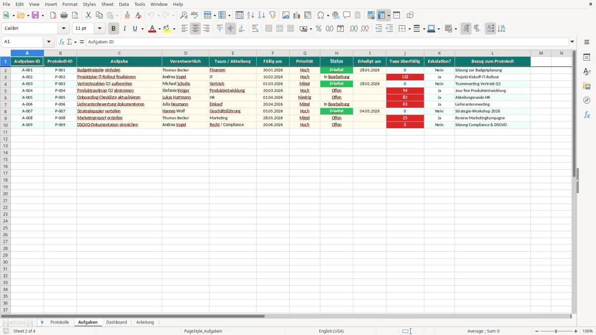 Captura de tela 2: Aba Aufgaben - Planilha Excel Sitzungsprotokoll Vorlage Excel