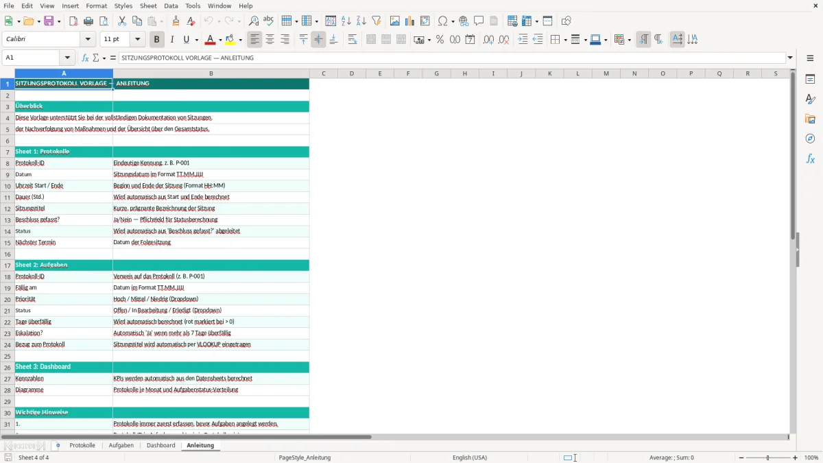 Captura de tela 4: Aba Anleitung - Planilha Excel Sitzungsprotokoll Vorlage Excel