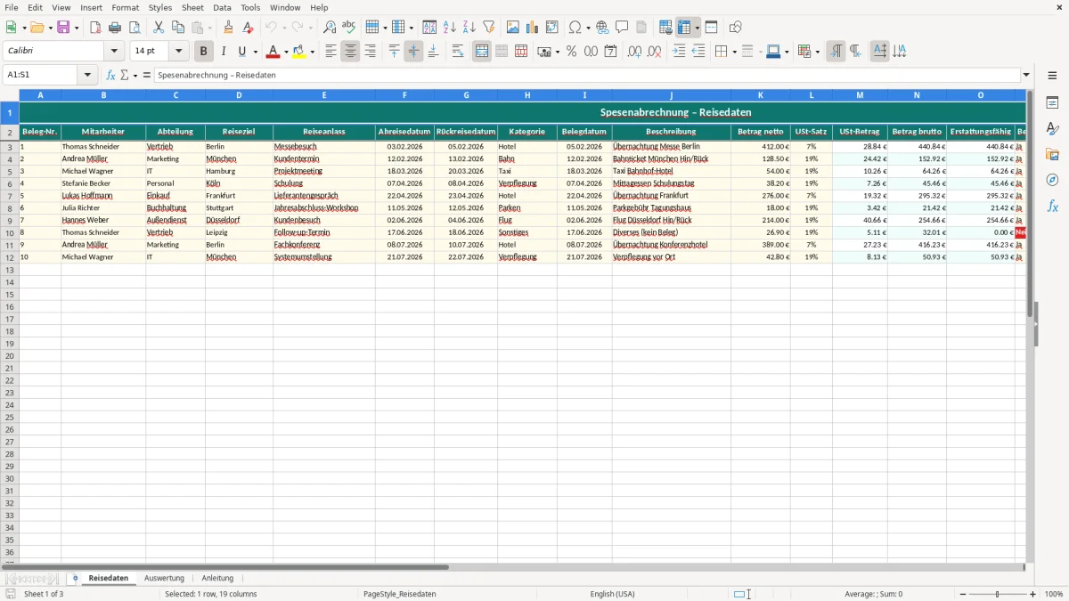 Captura de tela 1: Aba Reisedaten - Planilha Excel Spesenabrechnung Reise Excel Vorlage