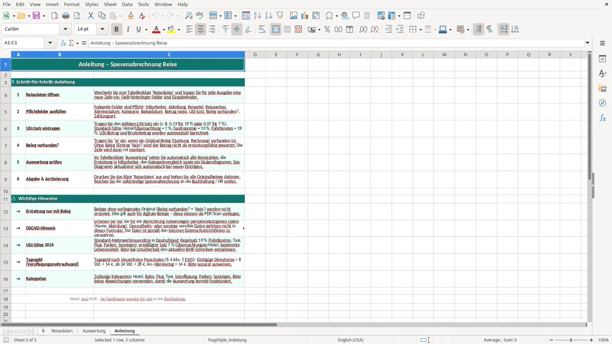 Captura de tela 3: Aba Anleitung - Planilha Excel Spesenabrechnung Reise Excel Vorlage