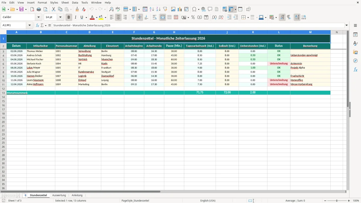 Captura de tela 1: Aba Stundenzettel - Planilha Excel Stundenzettel ausfüllen Excel Vorlage kostenlos