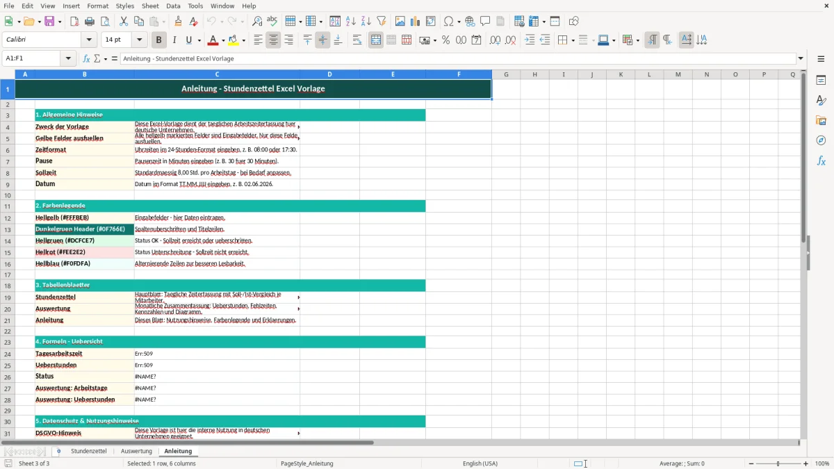 Captura de tela 3: Aba Anleitung - Planilha Excel Stundenzettel ausfüllen Excel Vorlage kostenlos