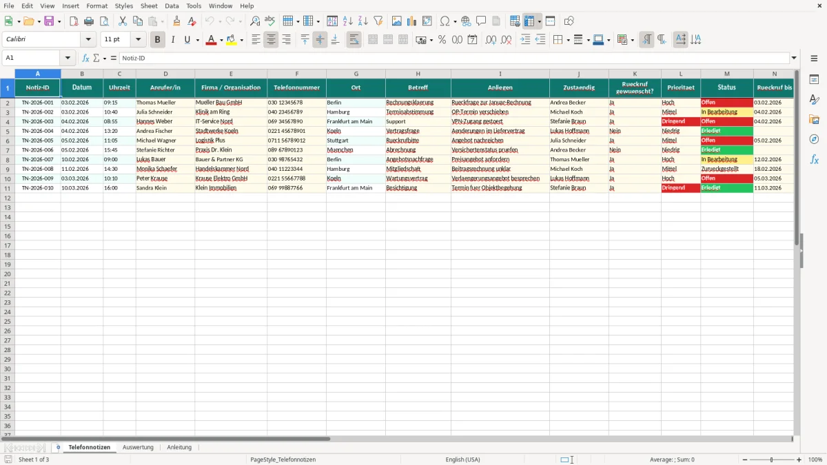 Captura de tela 1: Aba Telefonnotizen - Planilha Excel Telefonnotiz Excel Vorlage