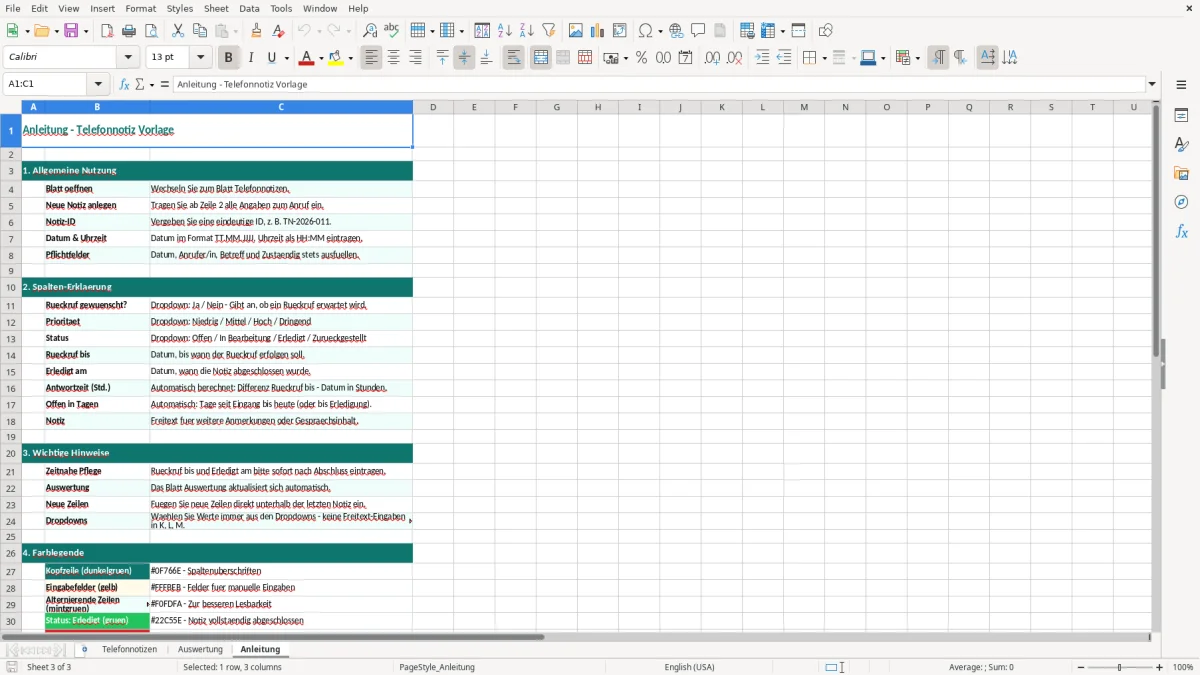 Captura de tela 3: Aba Anleitung - Planilha Excel Telefonnotiz Excel Vorlage