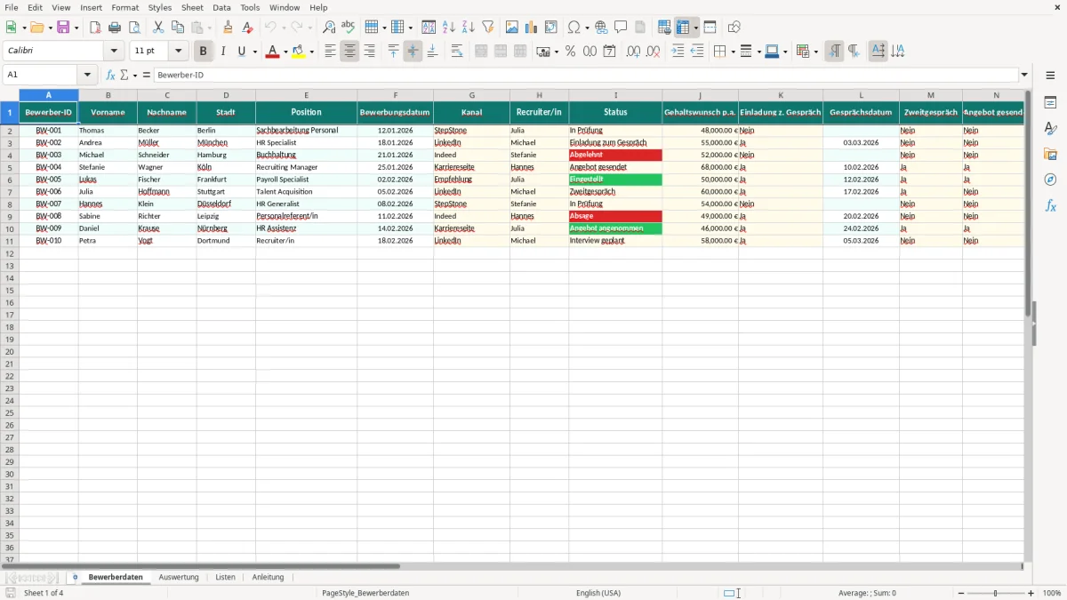 Captura de tela 1: Aba Bewerberdaten - Planilha Excel bewerbermanagement excel vorlage
