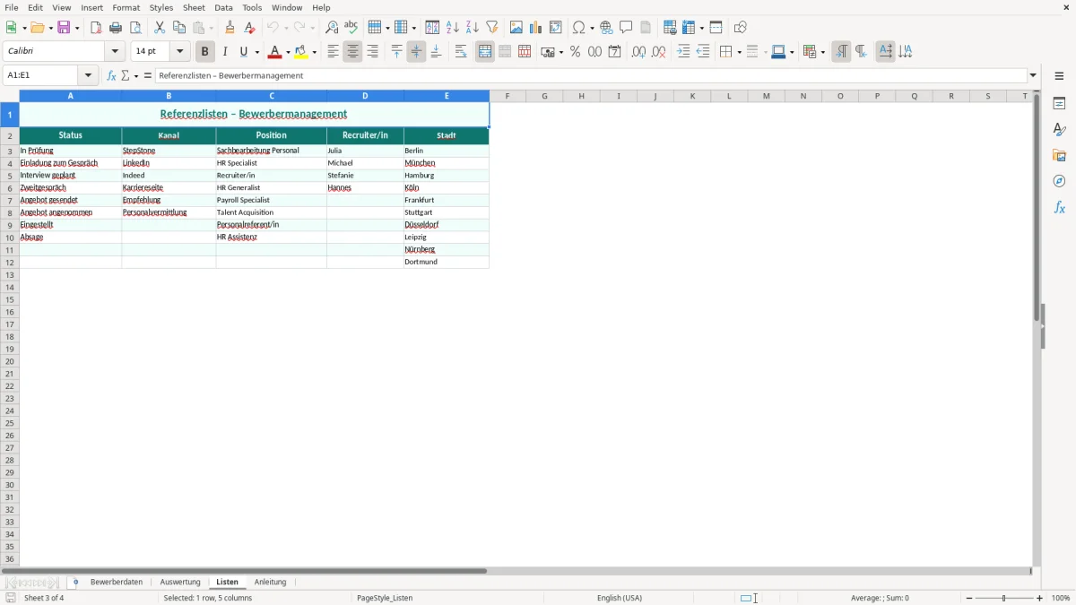 Captura de tela 3: Aba Listen - Planilha Excel bewerbermanagement excel vorlage