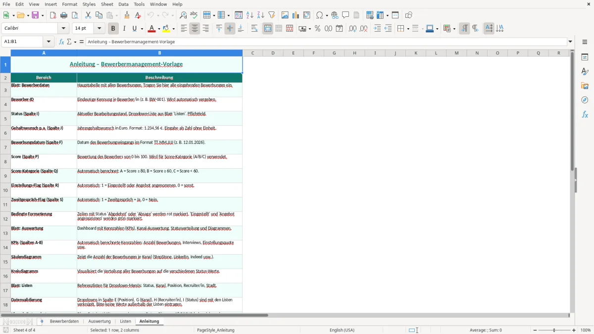 Captura de tela 4: Aba Anleitung - Planilha Excel bewerbermanagement excel vorlage