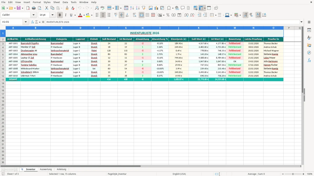 Captura de tela 1: Aba Inventur - Planilha Excel inventurliste excel vorlage