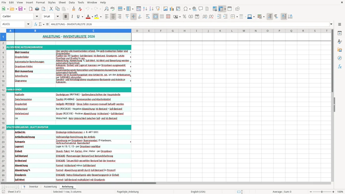Captura de tela 3: Aba Anleitung - Planilha Excel inventurliste excel vorlage
