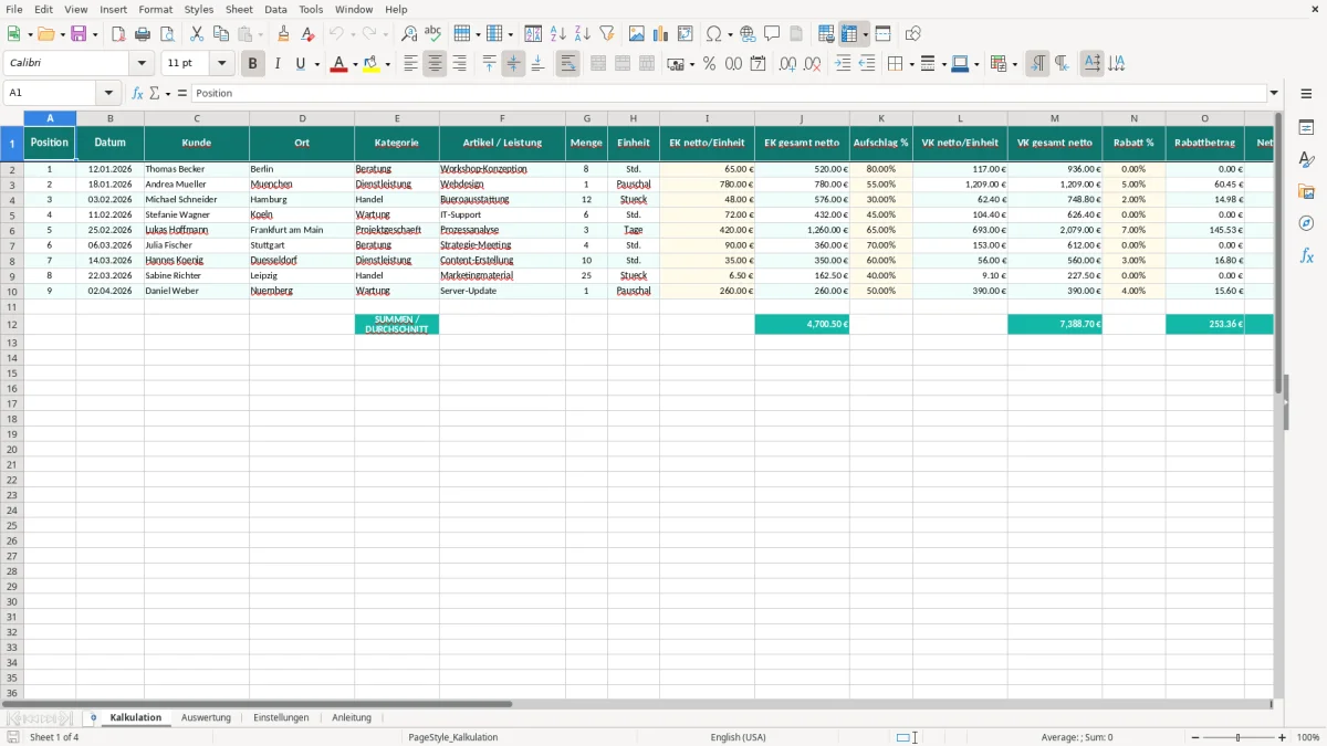 Captura de tela 1: Aba Kalkulation - Planilha Excel kalkulation excel vorlage