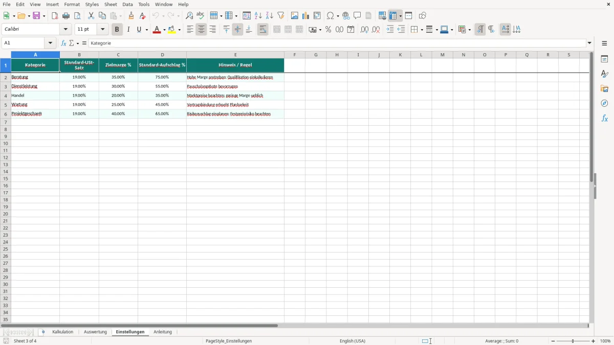Captura de tela 3: Aba Einstellungen - Planilha Excel kalkulation excel vorlage