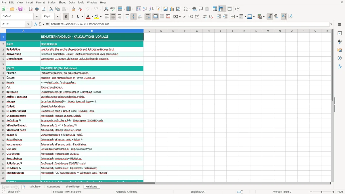 Captura de tela 4: Aba Anleitung - Planilha Excel kalkulation excel vorlage