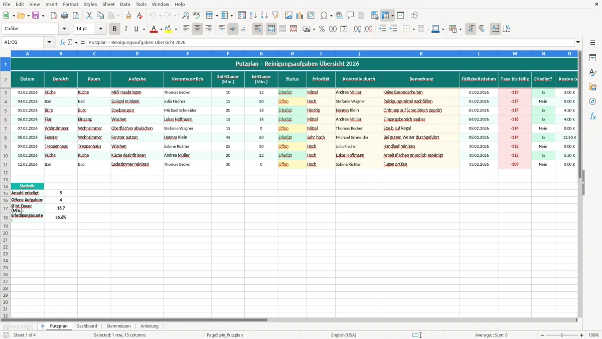 Captura de tela 1: Aba Putzplan - Planilha Excel putzplan excel vorlage
