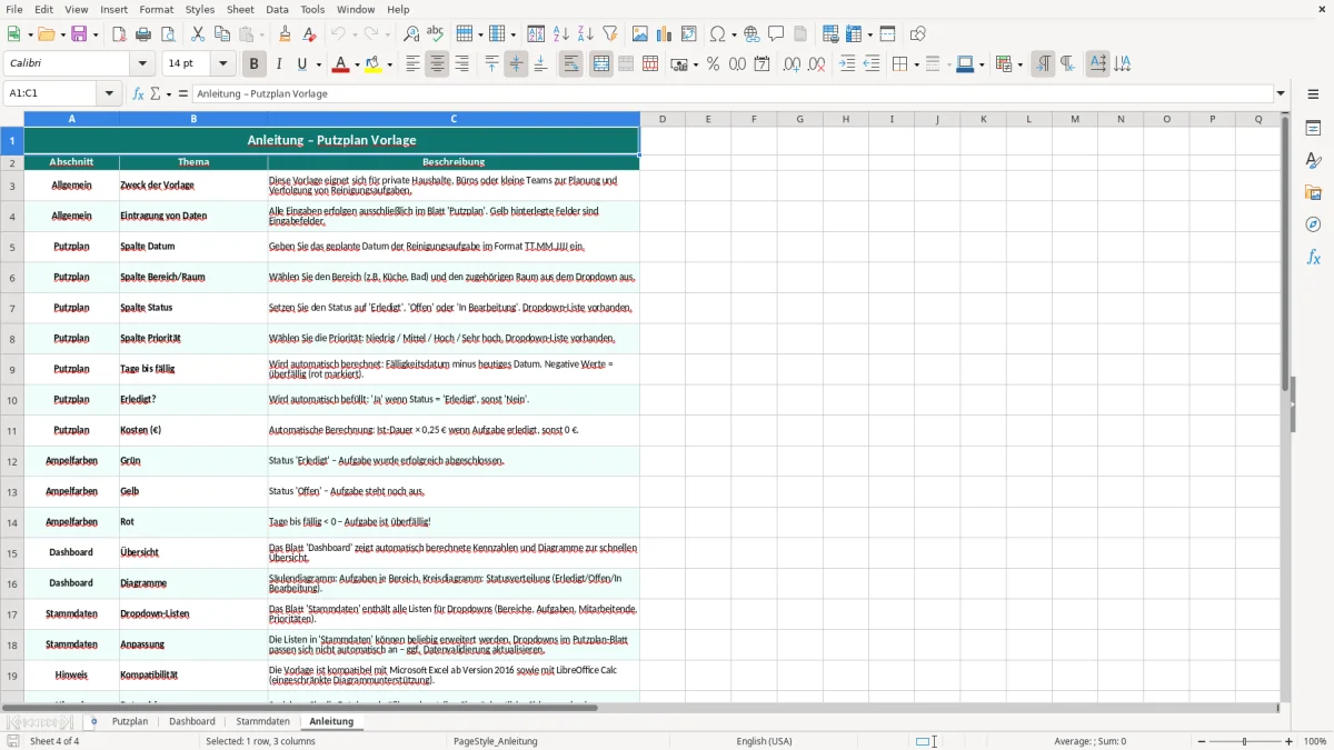 Captura de tela 4: Aba Anleitung - Planilha Excel putzplan excel vorlage
