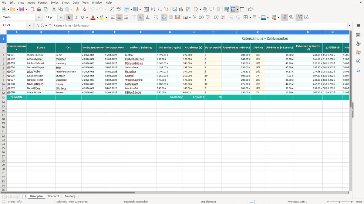 Captura de tela 1: Aba Ratenplan - Planilha Excel ratenzahlung excel vorlage
