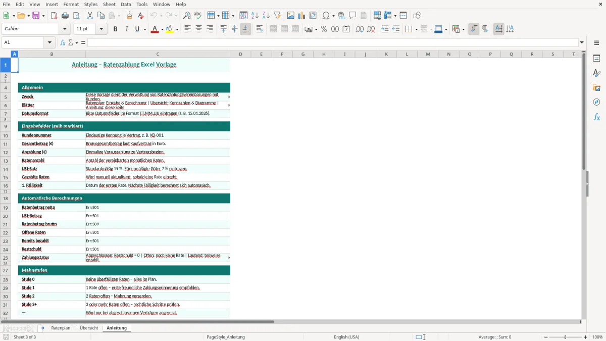 Captura de tela 3: Aba Anleitung - Planilha Excel ratenzahlung excel vorlage