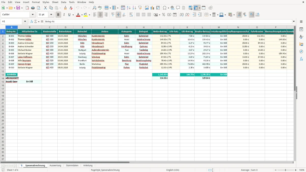 Captura de tela 1: Aba Spesenabrechnung - Planilha Excel spesenabrechnung excel vorlage