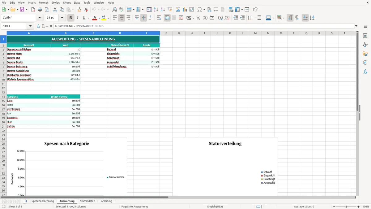 Captura de tela 2: Aba Auswertung - Planilha Excel spesenabrechnung excel vorlage