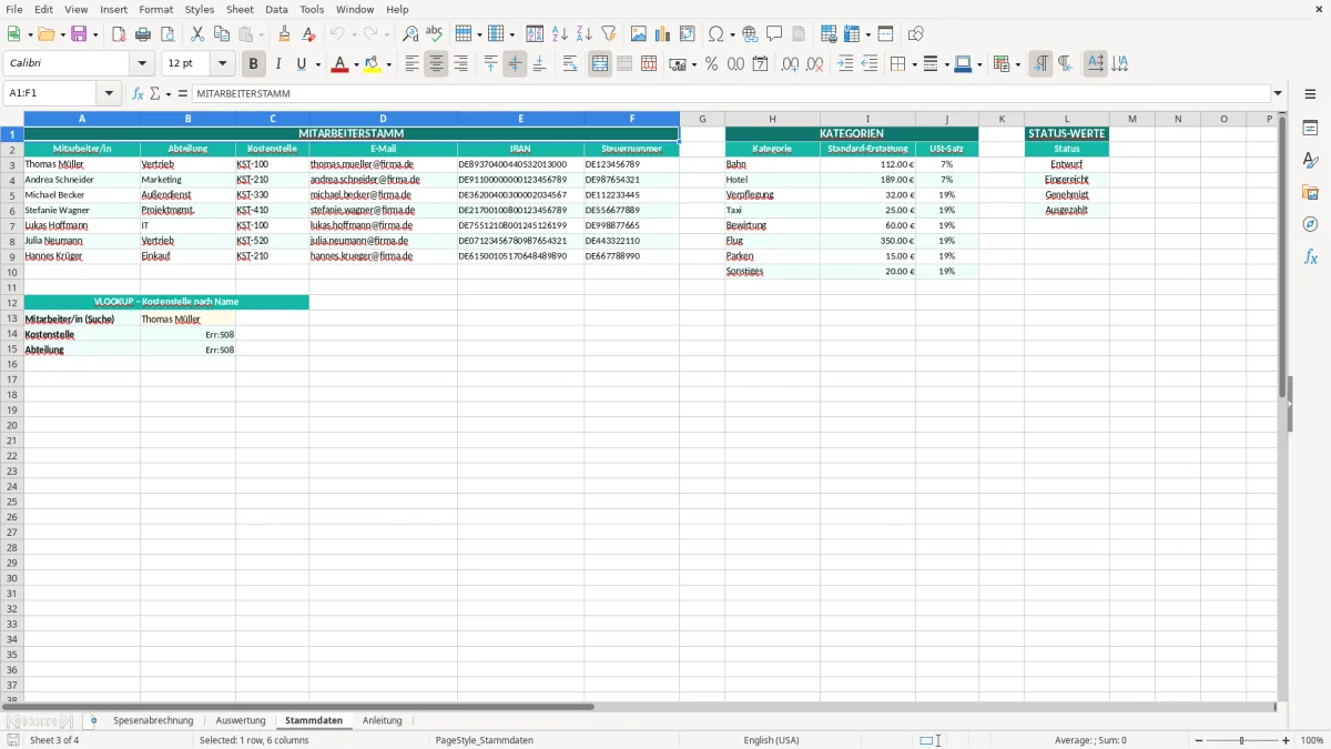 Captura de tela 3: Aba Stammdaten - Planilha Excel spesenabrechnung excel vorlage
