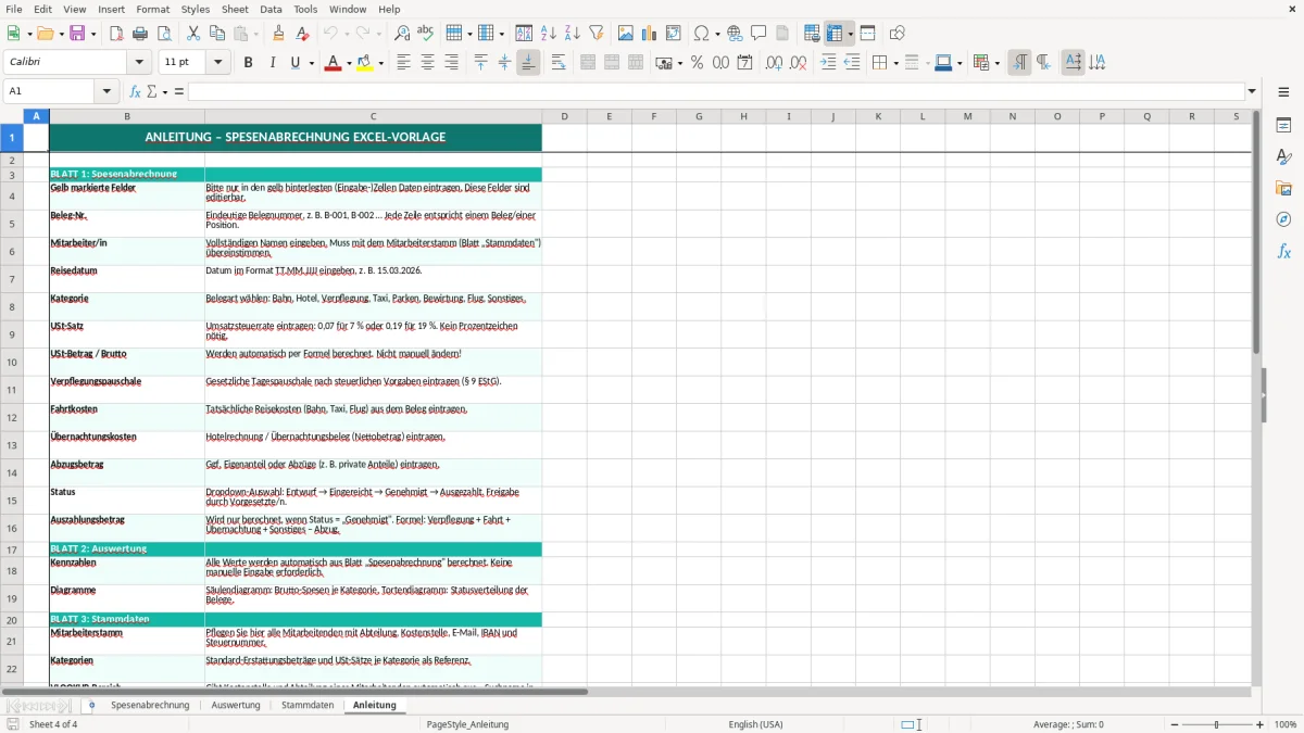 Captura de tela 4: Aba Anleitung - Planilha Excel spesenabrechnung excel vorlage