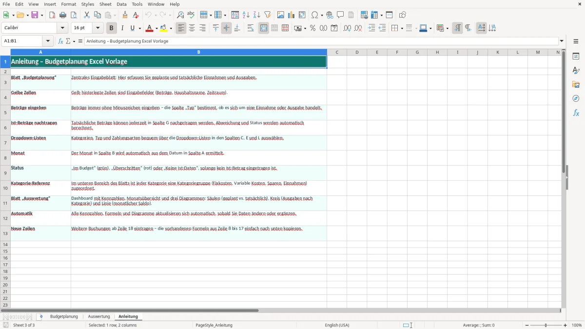 Captura de tela 3: Aba Anleitung - Planilha Excel budgetplanung excel vorlage