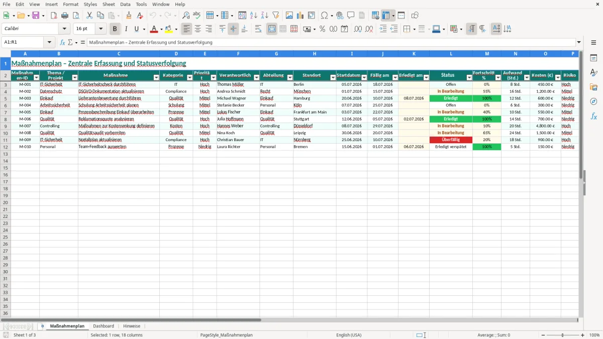 Captura de tela 1: Aba Maßnahmenplan - Planilha Excel maßnahmenplan excel vorlage
