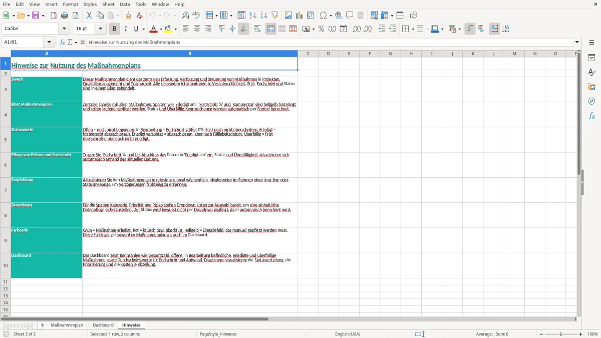 Captura de tela 3: Aba Hinweise - Planilha Excel maßnahmenplan excel vorlage