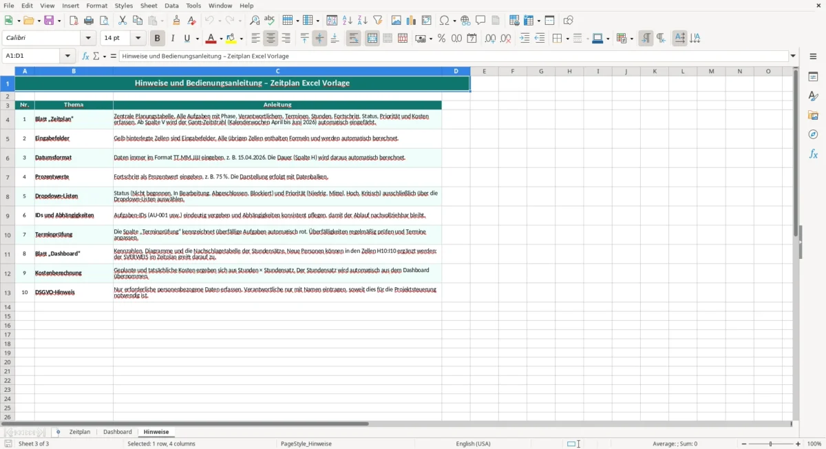Excel – zeitplan excel vorlage – Hinweise