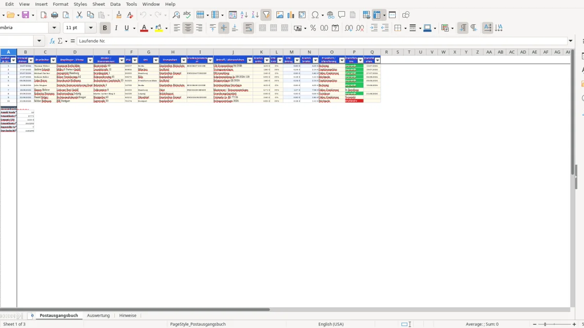 Screenshot 1: Postausgangsbuch tab - Excel template Postausgangsbuch Excel Vorlage kostenlos