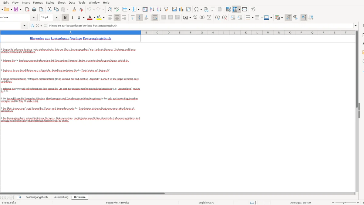 Screenshot 3: Hinweise tab - Excel template Postausgangsbuch Excel Vorlage kostenlos