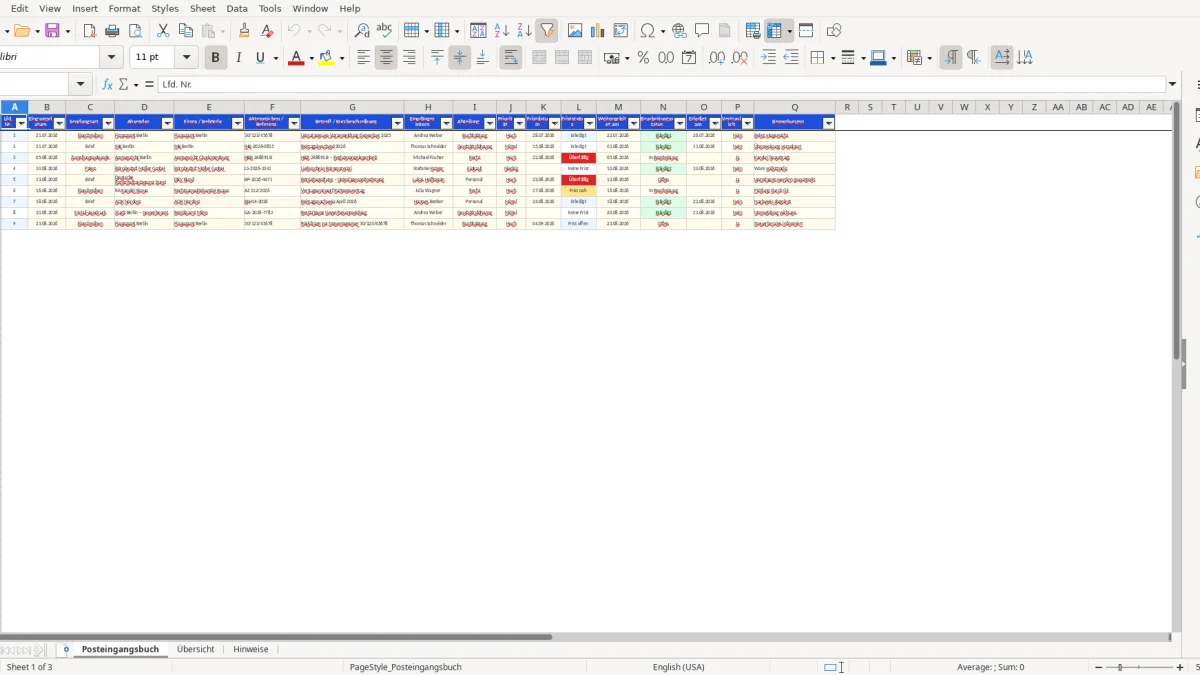 Screenshot 1: Tabellenblatt Posteingangsbuch - Excel-Vorlage Posteingangsbuch Excel Vorlage