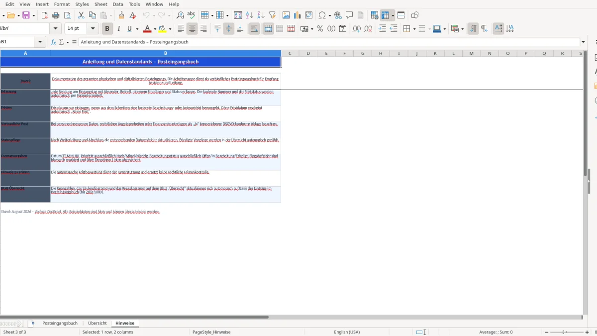 Screenshot 3: Tabellenblatt Hinweise - Excel-Vorlage Posteingangsbuch Excel Vorlage
