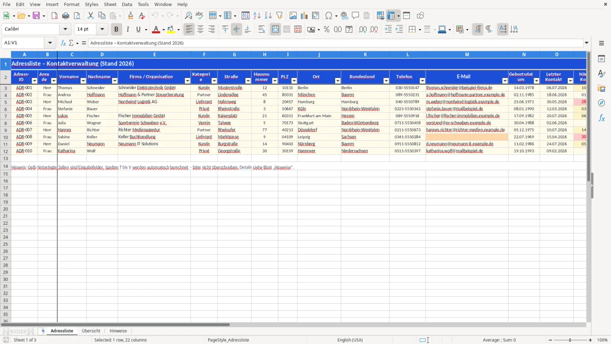 Captura de tela 1: Aba Adressliste - Planilha Excel adressliste excel vorlage