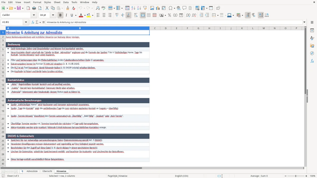 Captura de tela 3: Aba Hinweise - Planilha Excel adressliste excel vorlage