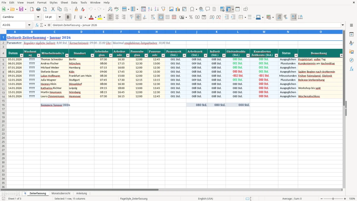 Captura de tela 1: Aba Zeiterfassung - Planilha Excel gleitzeit excel vorlage