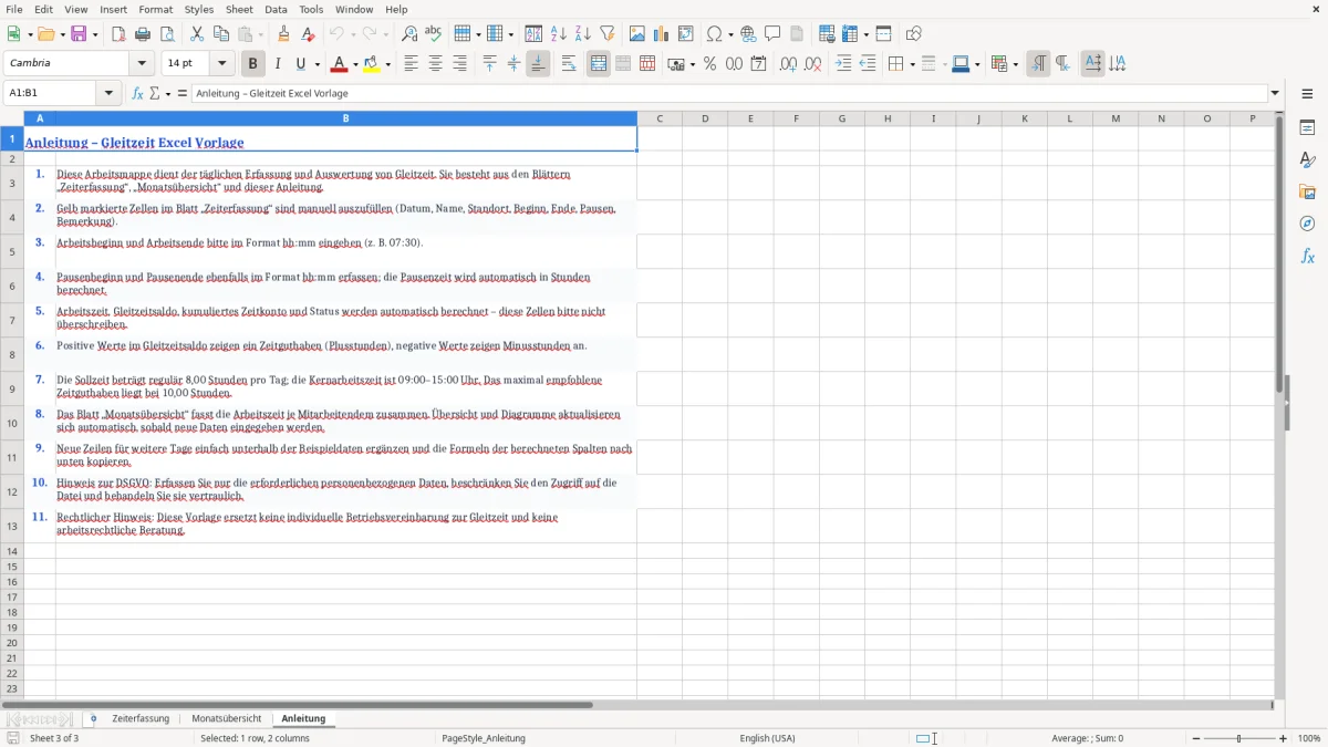 Captura de tela 3: Aba Anleitung - Planilha Excel gleitzeit excel vorlage