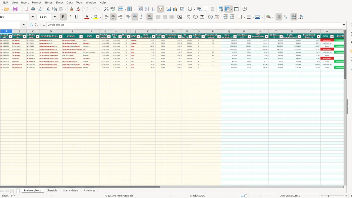 Screenshot 1: Tabellenblatt Preisvergleich - Excel-Vorlage preisvergleich excel vorlage