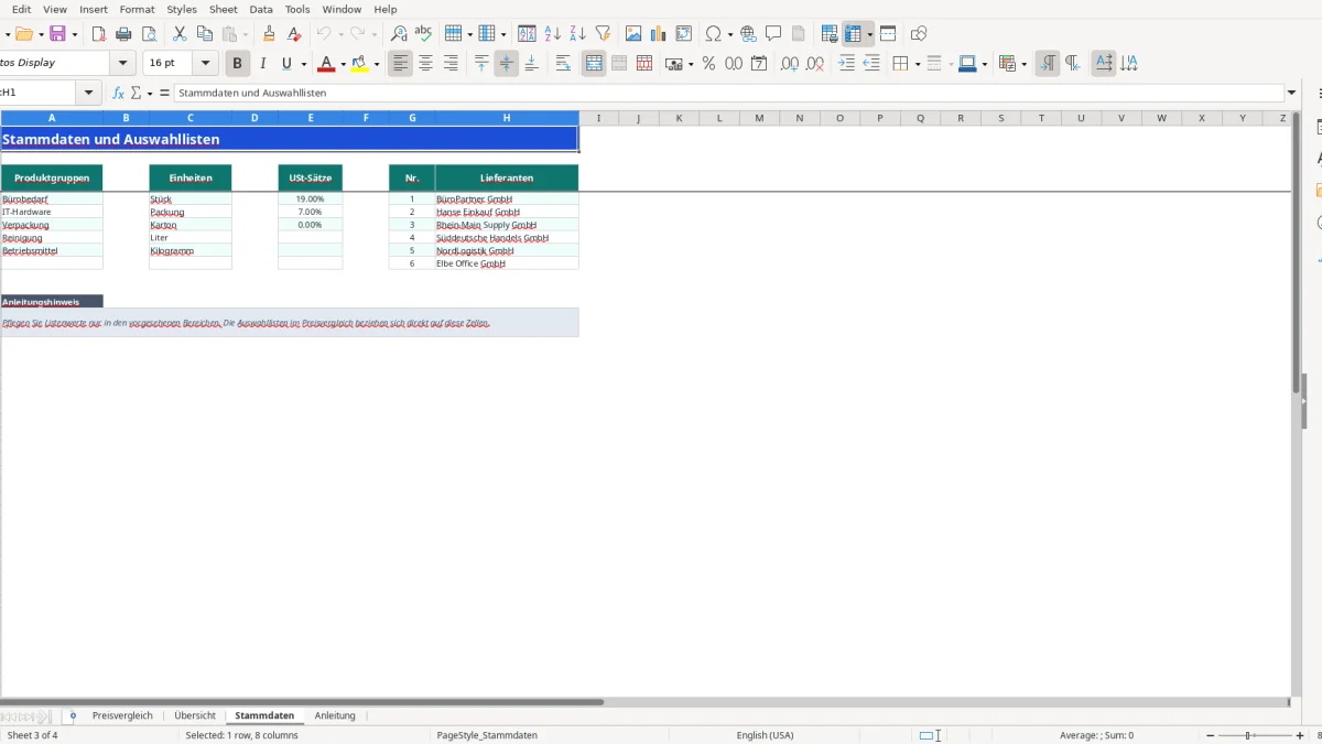 Screenshot 3: Tabellenblatt Stammdaten - Excel-Vorlage preisvergleich excel vorlage