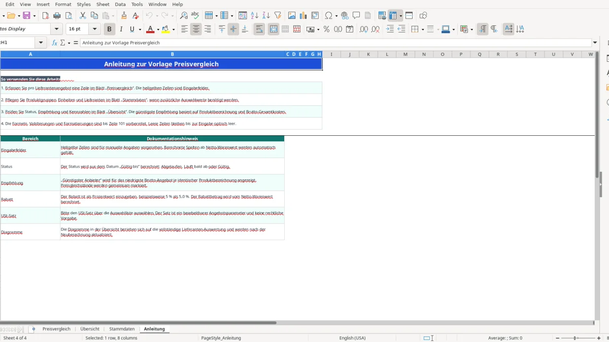 Screenshot 4: Tabellenblatt Anleitung - Excel-Vorlage preisvergleich excel vorlage