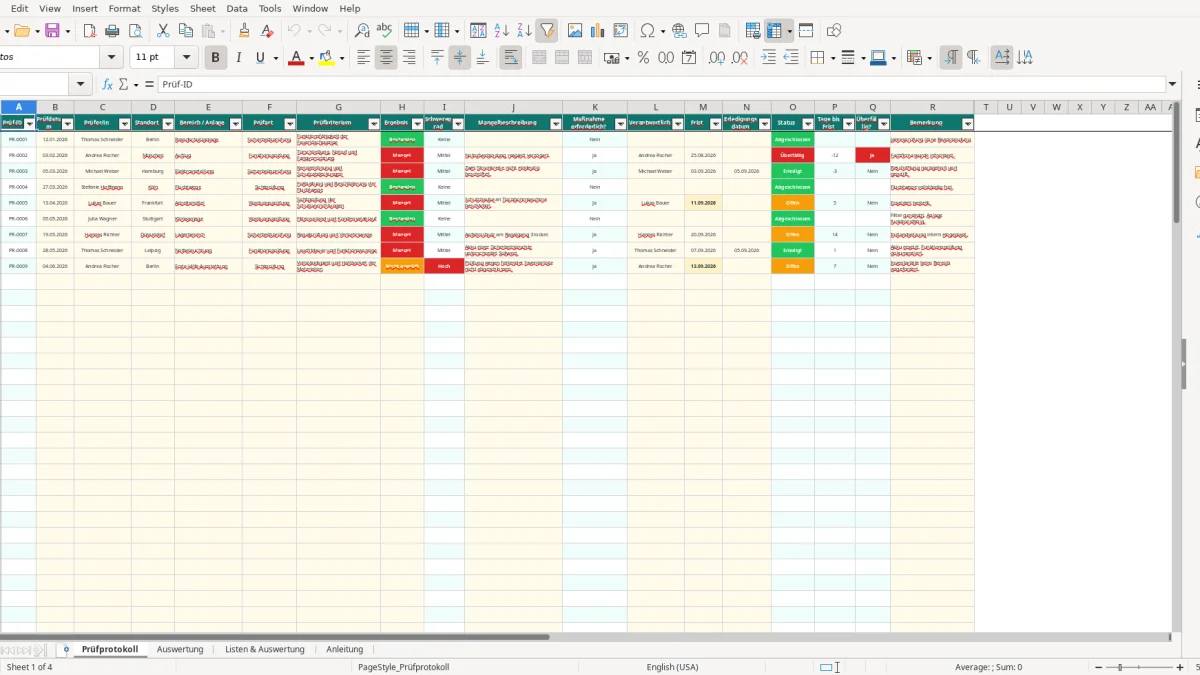 Screenshot 1: Tabellenblatt Prüfprotokoll - Excel-Vorlage prüfprotokoll excel vorlage