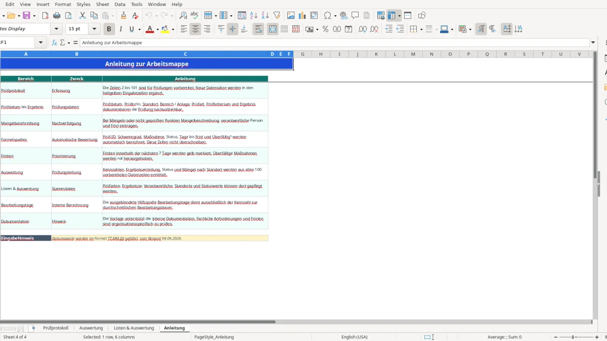 Screenshot 4: Tabellenblatt Anleitung - Excel-Vorlage prüfprotokoll excel vorlage