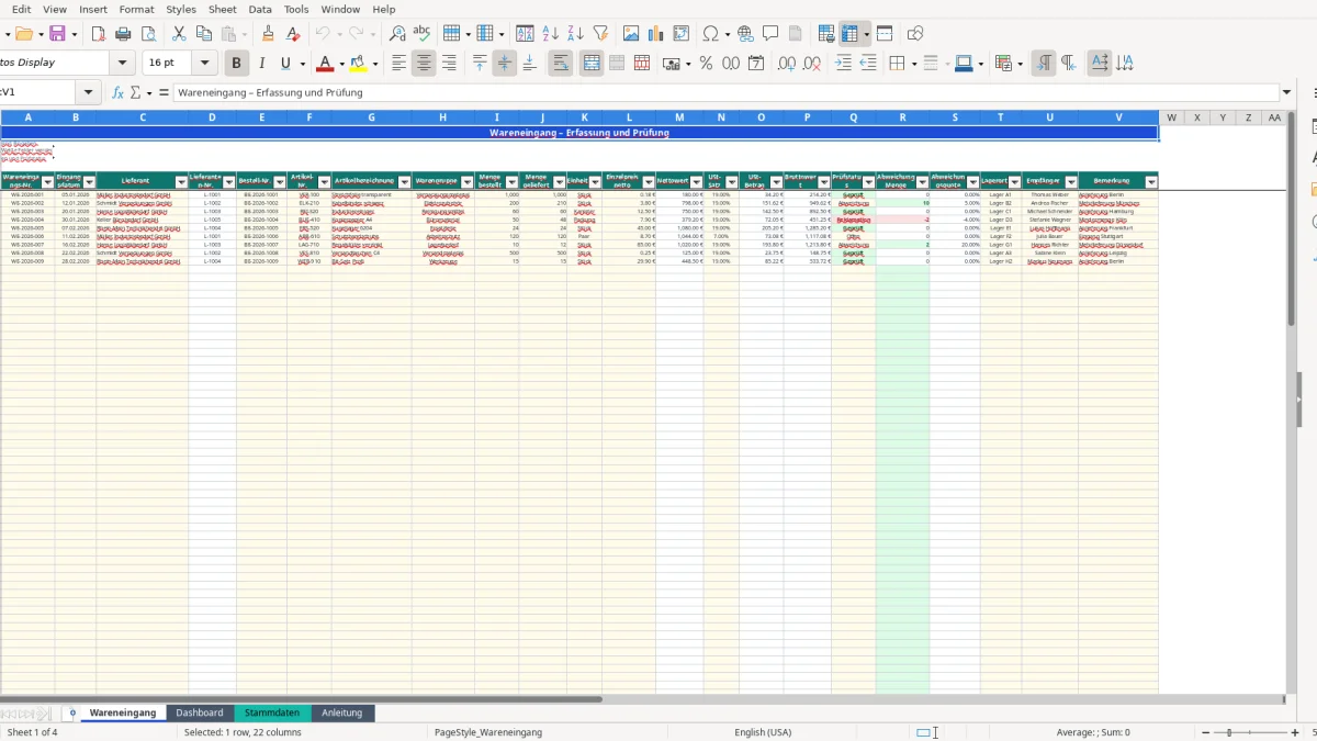 Screenshot 1: Tabellenblatt Wareneingang - Excel-Vorlage wareneingang excel vorlage