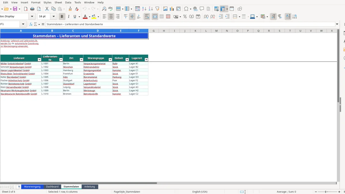Screenshot 3: Tabellenblatt Stammdaten - Excel-Vorlage wareneingang excel vorlage